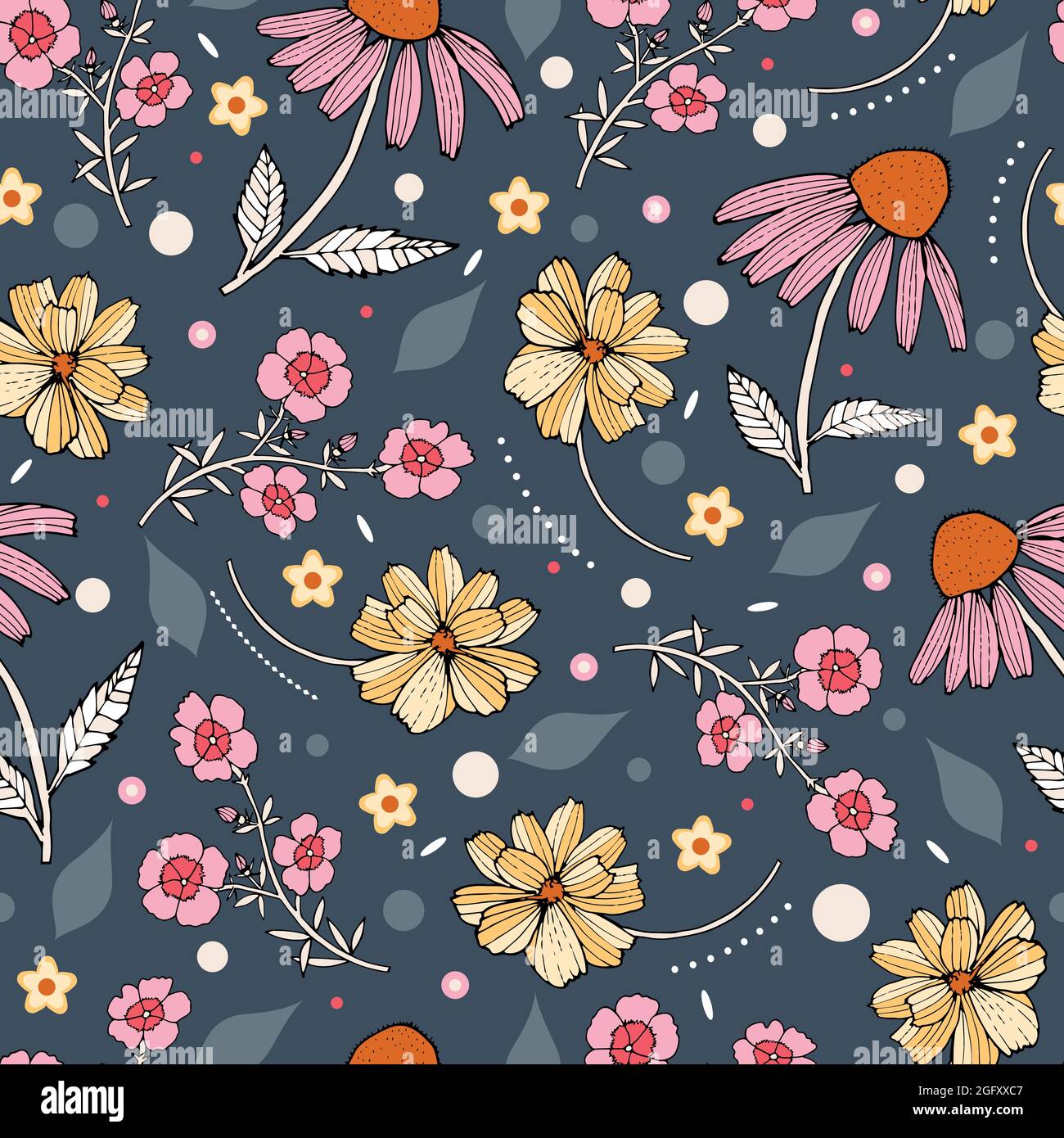 Pattern with summer flowers, small geometric flowers, dotted lines and dots on a blue background. Stock Vector