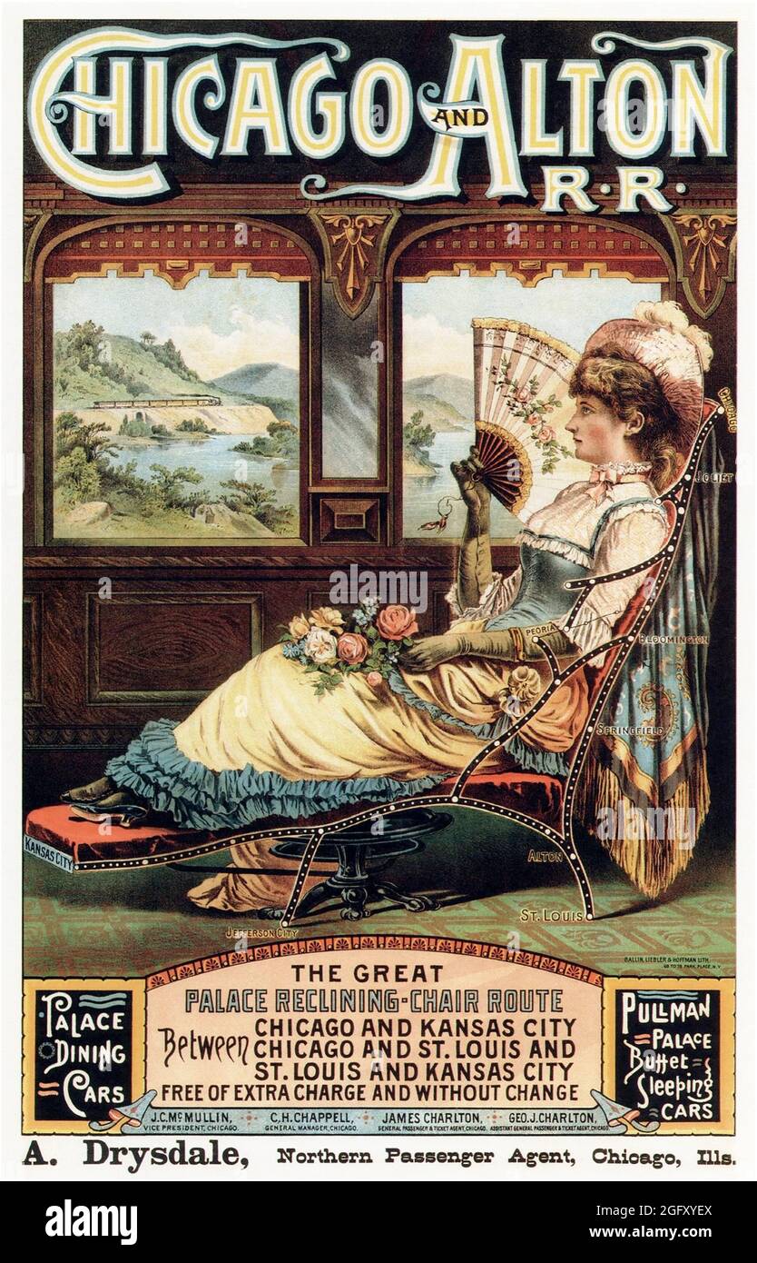 Click On Vintage American railway travel poster - Chicago & Alton ad, 1885 Stock Photo