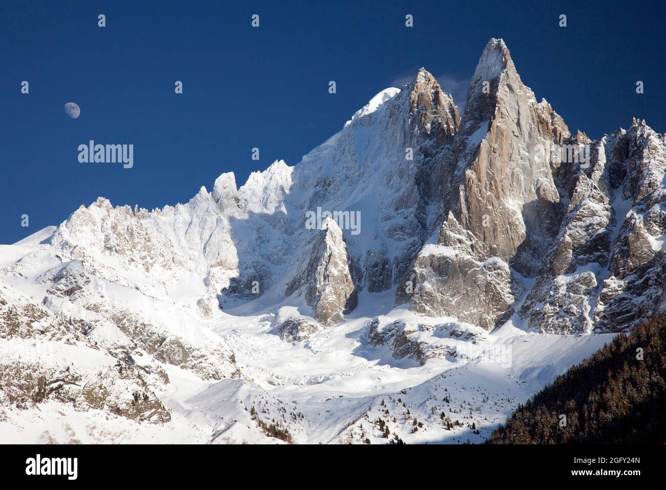 Winter landscape of Aiguille de Dru, Mont Blanc massif, French Alps, France. One of the six great north faces of the Alps. Stock Photo