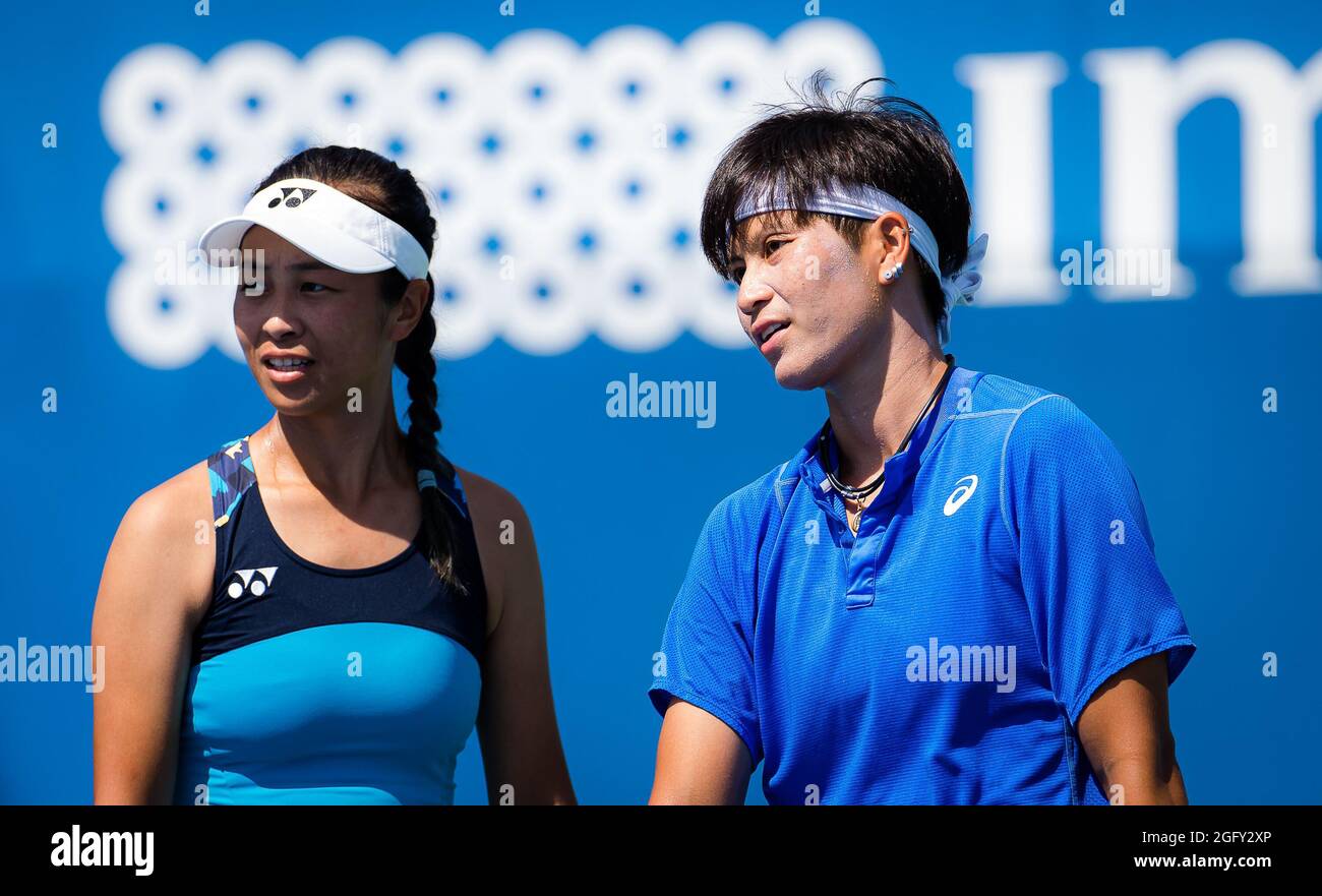 Yu-Ting Hsieh of Chinese Taipeh & Peangtarn Plipuech of Thailand playing  doubles at the 2021 WTA Chicago Womens Open WTA 250 tennis tournament on  August 26, 2021 in Chicago, United States -