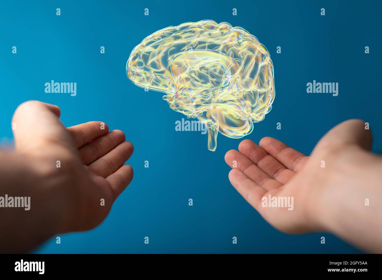 Closeup of a 3d rendered futuristic brain in a man's hand Stock Photo ...