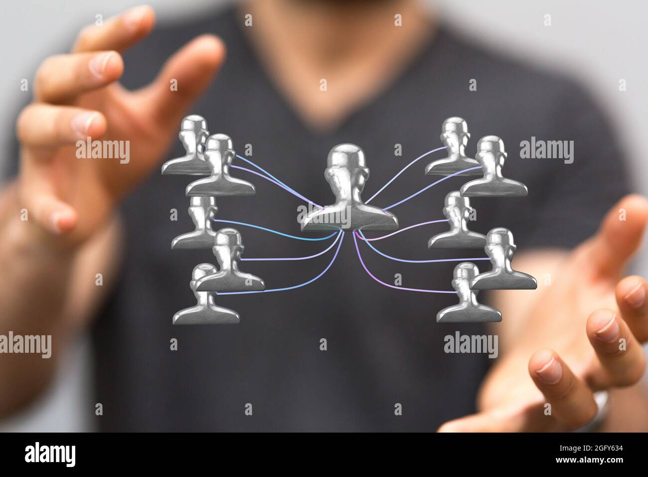 3D rendered people silhouettes in the network team held in person's ...