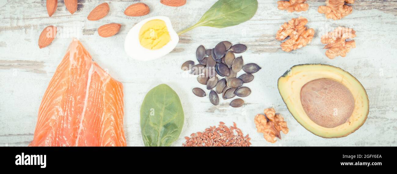 Vintage photo, Natural sources of omega 3 acids, unsaturated fats and dietary fiber, concept of healthy nutrition Stock Photo