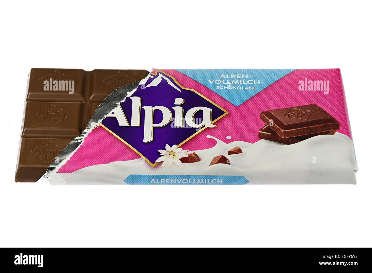 Alpia Alpine Milk chocolate isolated on white background Stock Photo