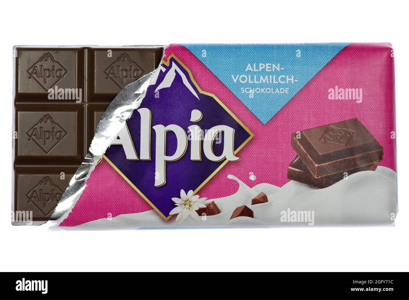 Alpia Alpine Milk chocolate isolated on white background Stock Photo