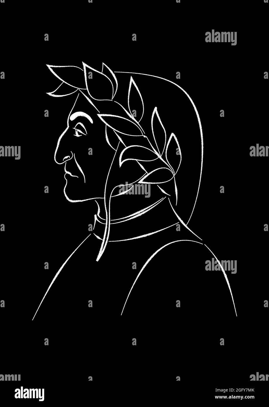Dante Alighieri white drawing profile on black background Stock Photo
