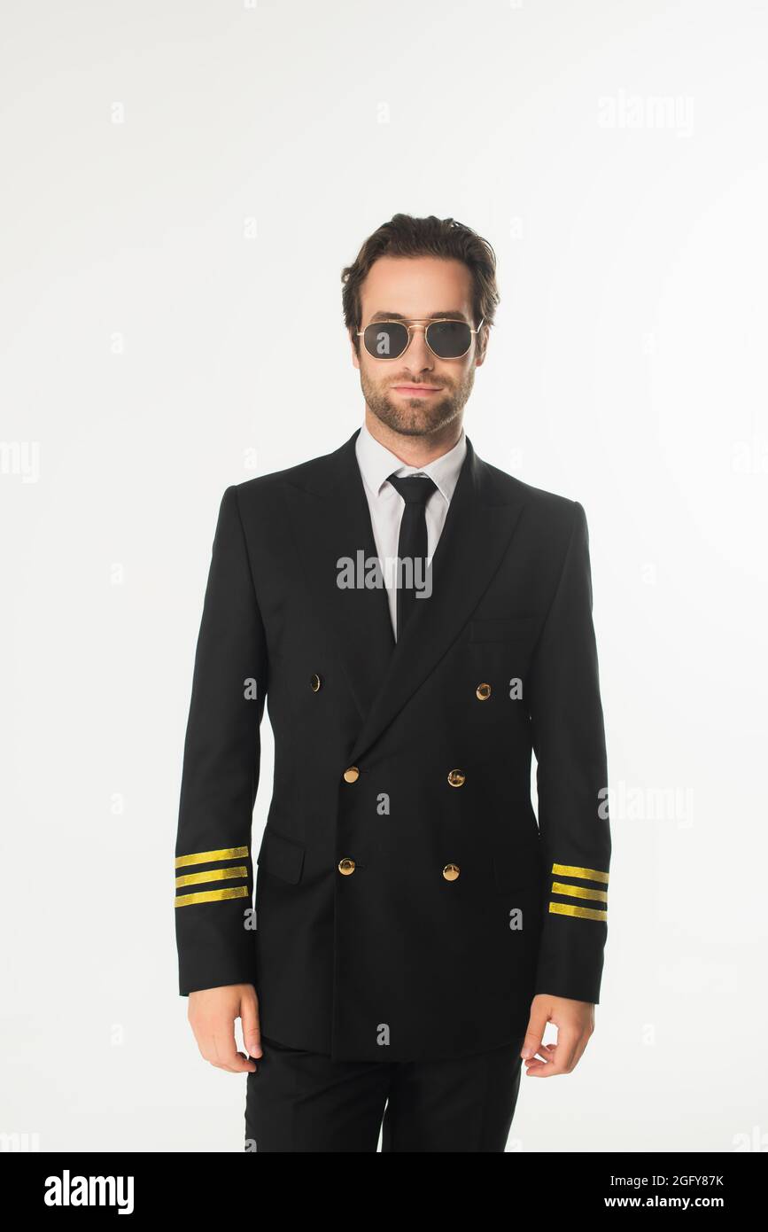 Pilot in uniform and sunglasses isolated on white Stock Photo - Alamy