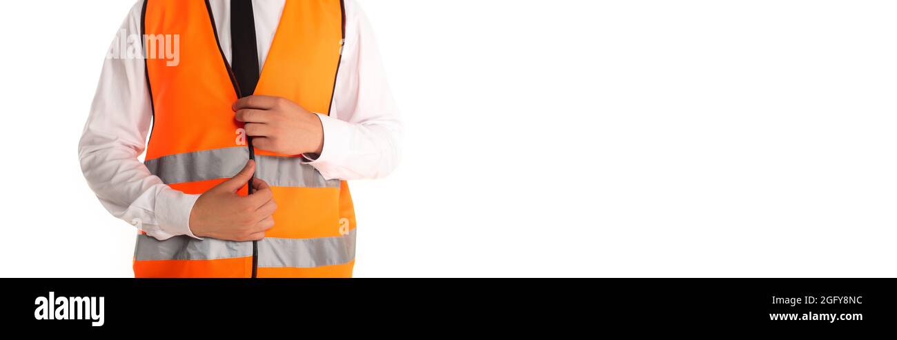 Cropped view of engineer wearing safety vest isolated on white, banner  Stock Photo - Alamy