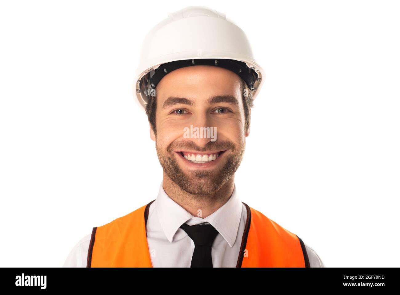 Smiling engineer in hard hat isolated on white Stock Photo