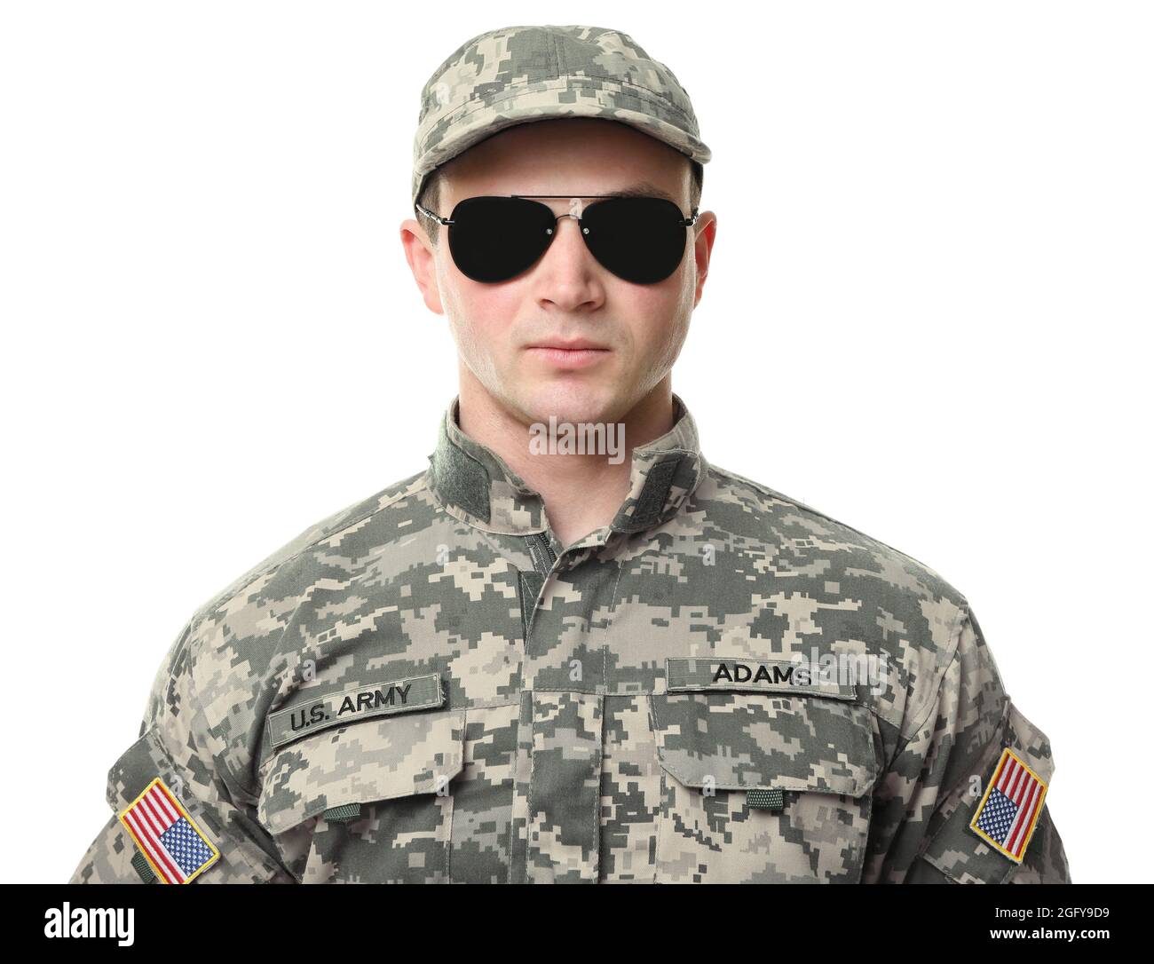 Soldier with sunglasses on white background Stock Photo Alamy