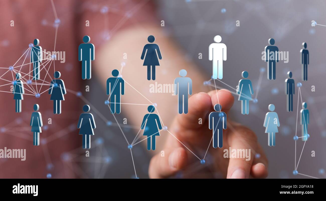 Person's hand touching 3D rendered people silhouettes Stock Photo - Alamy