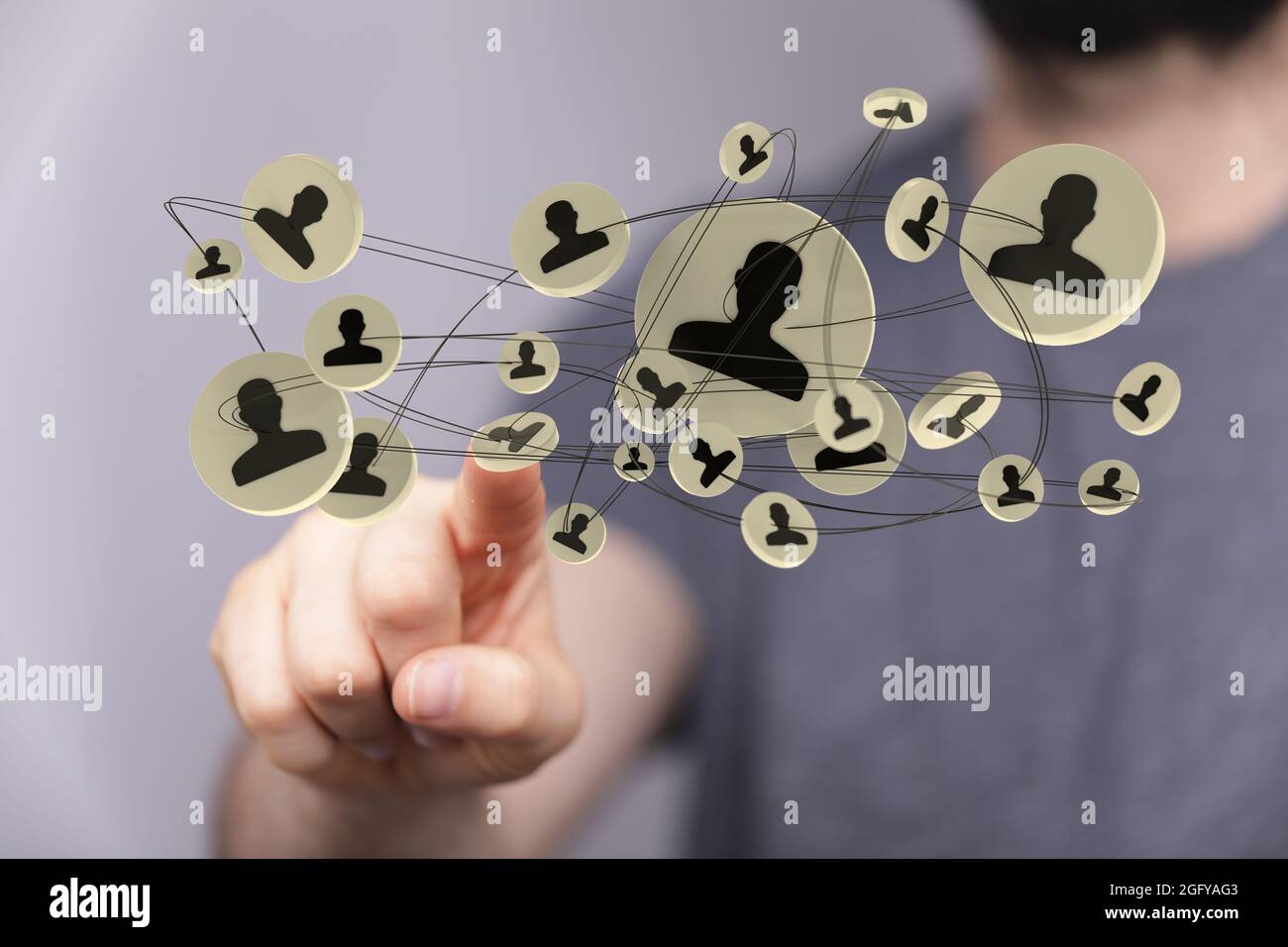 Person's hand touching 3D rendered people silhouettes Stock Photo - Alamy