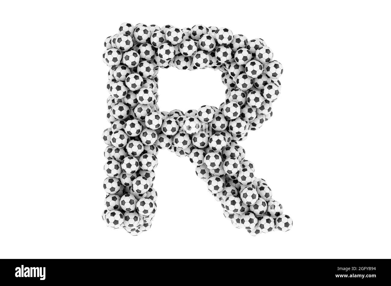 Letter R from soccer balls or football balls, 3D rendering isolated on ...