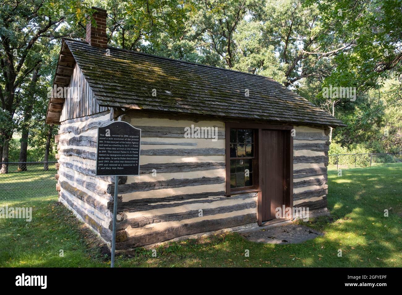 Huber Family Cabin, Winneshiek County, Smallest Church Park, Iowa.  Built 1849, Restored 1993. Stock Photo