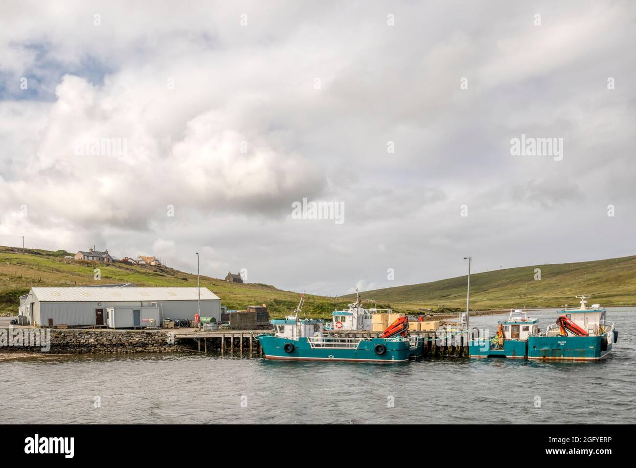 Cooke Aquaculture site at Gardiestaing on Mid Yell Voe, Shetland. Stock Photo