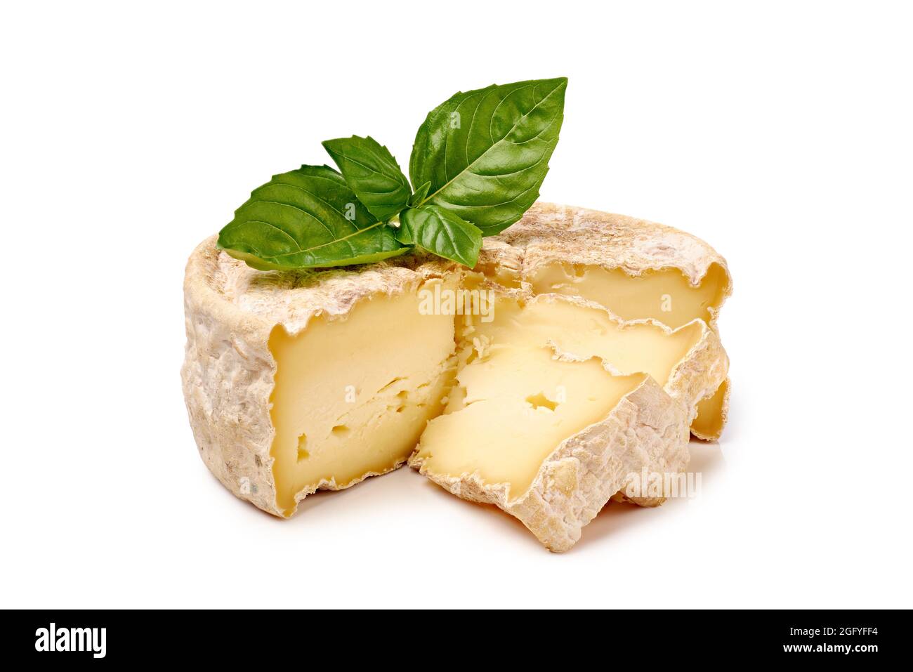 Delicatessen soft cheese with basil leaves isolated on white background Stock Photo