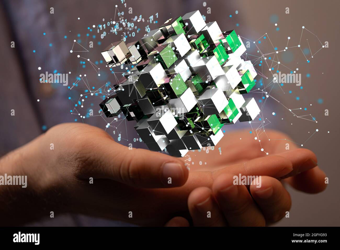 3D rendered connected data held in a person's hand Stock Photo - Alamy