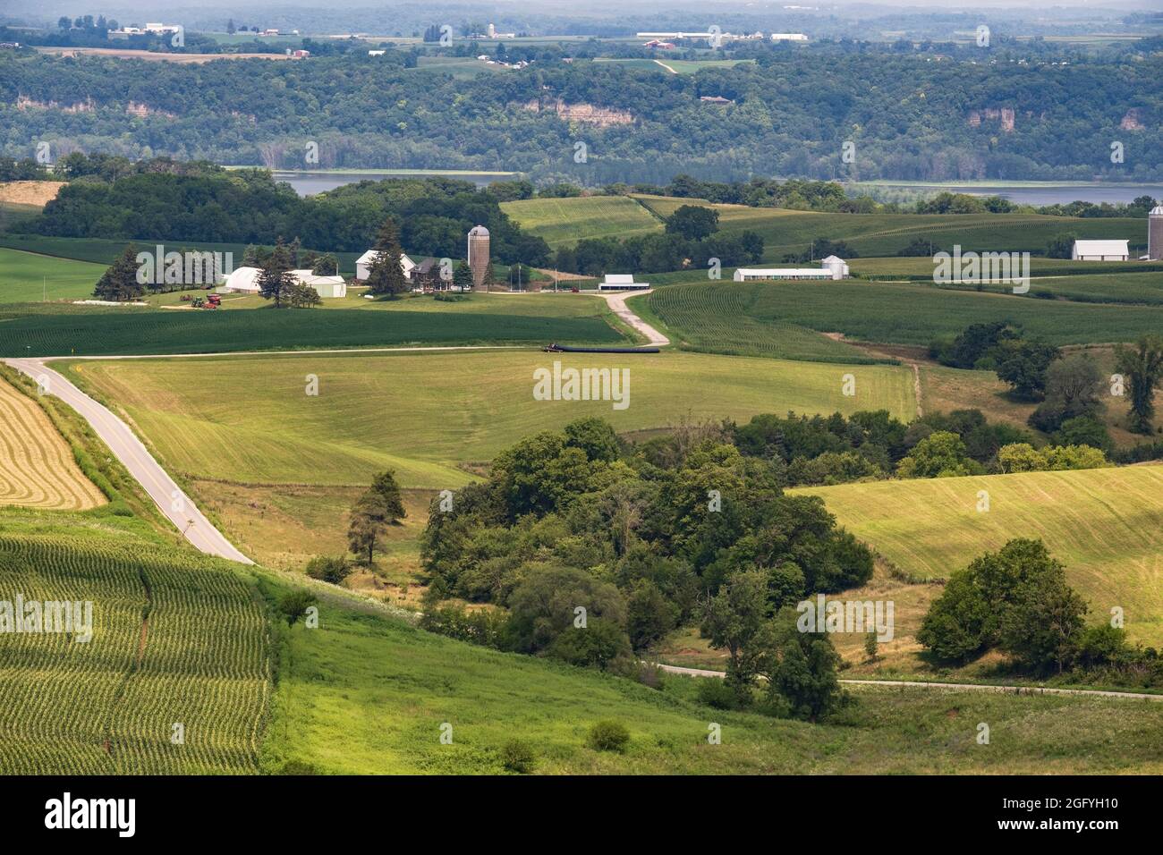 Balltown, Iowa. Farms near Balltown. Mississippi River and Wisconsin in the distance. Stock Photo