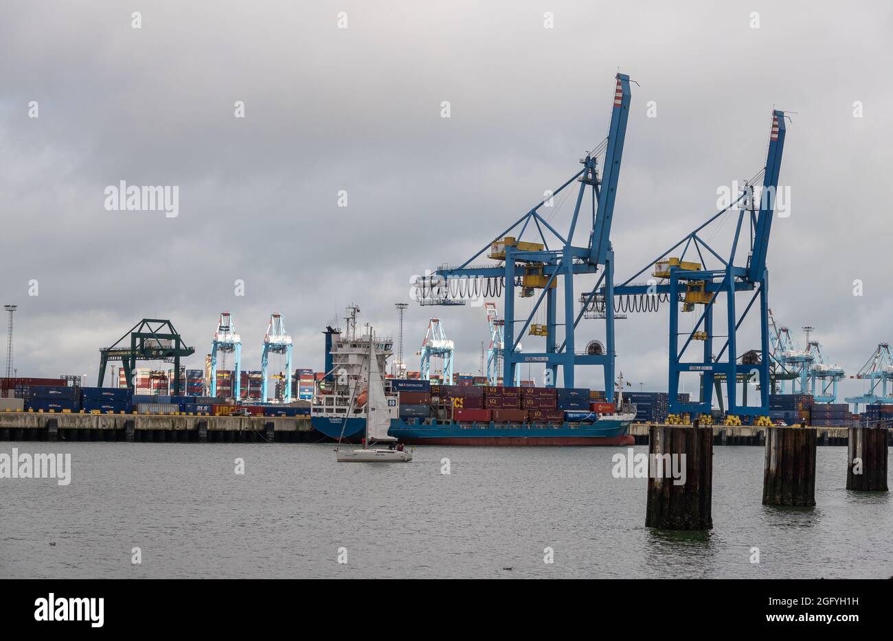 Zeebrugge Port, Belgium - August 6, 2021: White sailing yachts passes in front of container terminal tall blue cranes and ship, as it heads to the yac Stock Photo