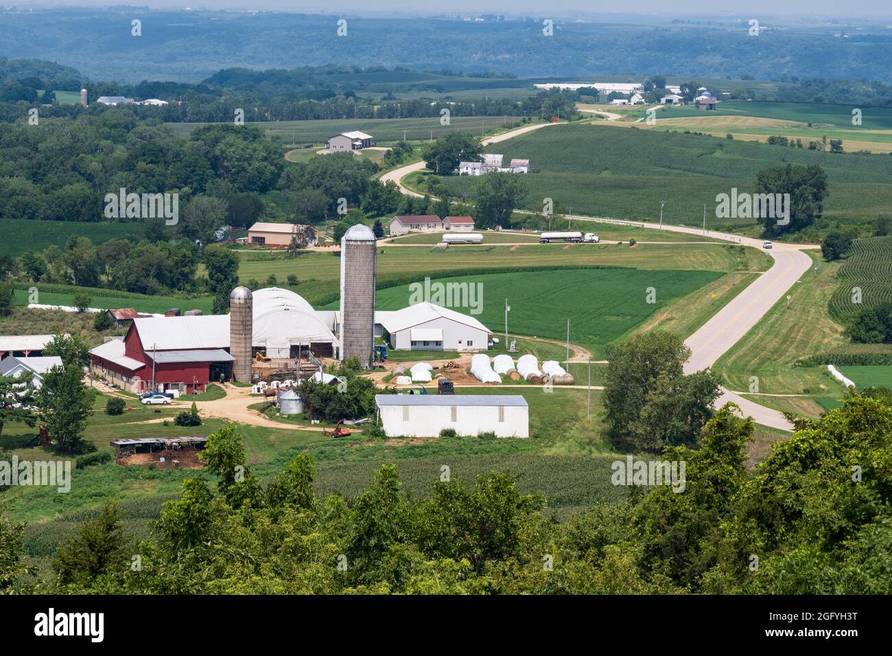 Balltown, Iowa. Farms near Balltown. Road Leads to Buena Vista. Stock Photo