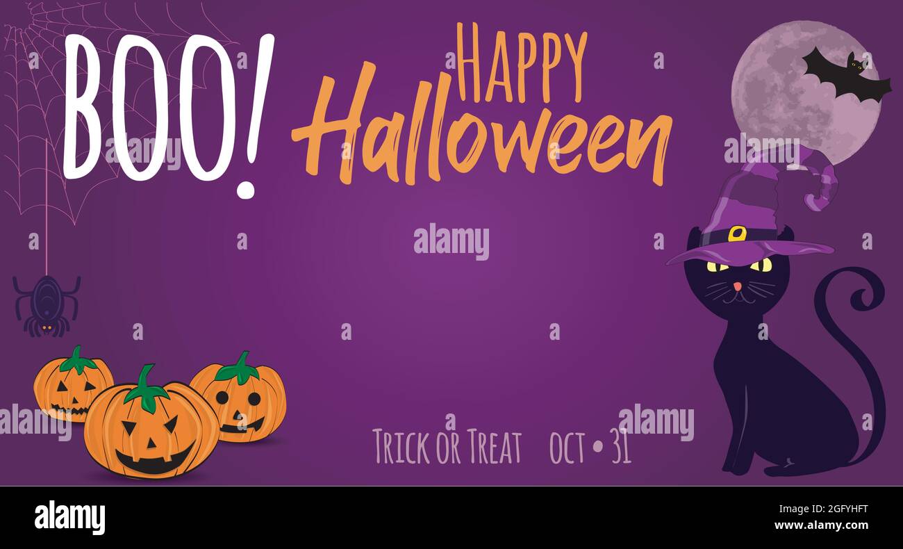 Happy halloween card on purple background with lettering and orange pumpkins, full moon, magic cat with hat and bat Stock Vector