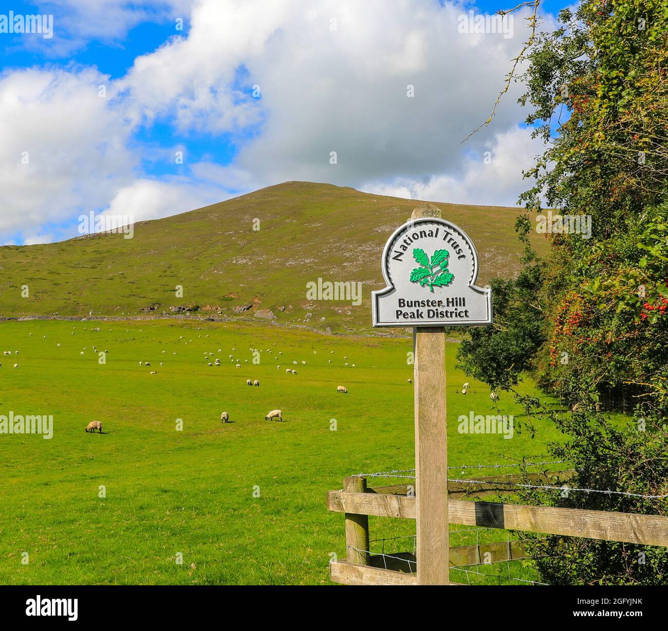 A National Trust omega sign at Bunster Hill in the Derbyshire Peak District, England, UK. PHOTO TAKEN FROM PUBLIC FOOTPATH Stock Photo