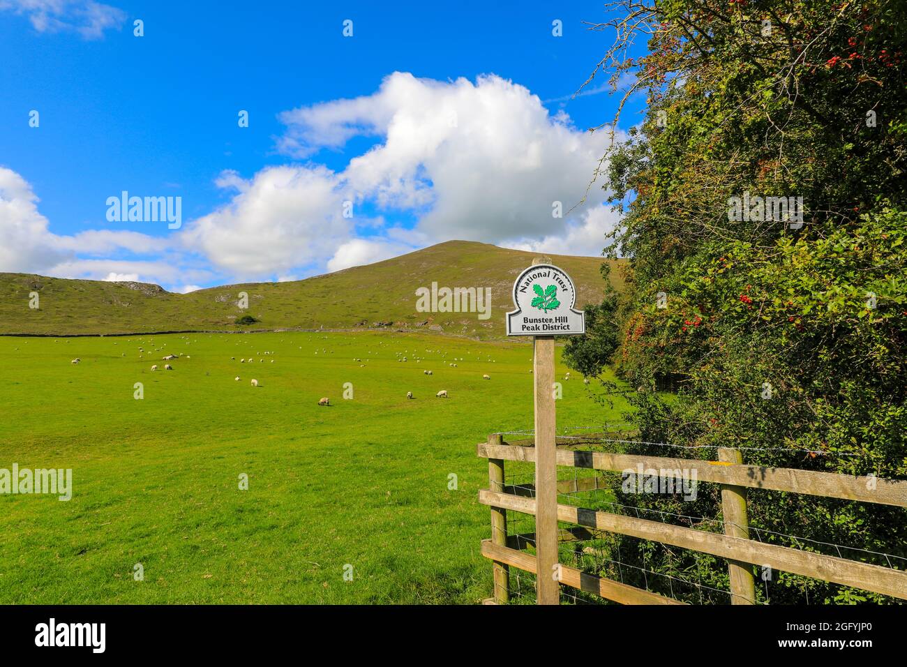 A National Trust omega sign at Bunster Hill in the Derbyshire Peak District, England, UK. PHOTO TAKEN FROM PUBLIC FOOTPATH Stock Photo