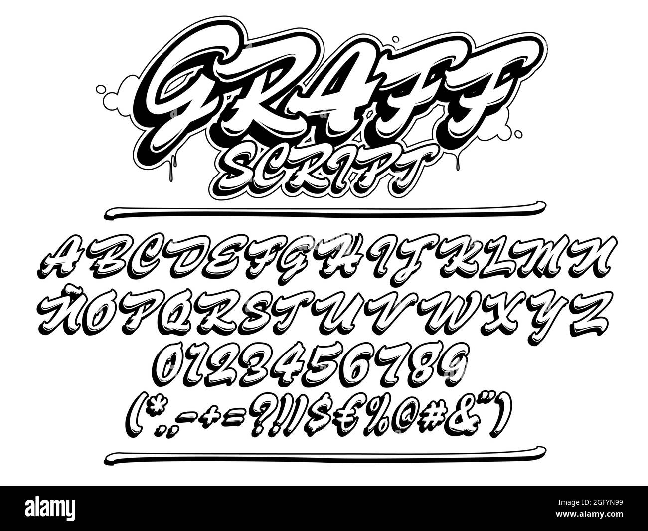 Graffiti script font. Uppercase  lettering typeface. Vector alphabet with numbers and glyphs. Isolated black outline. Stock Vector