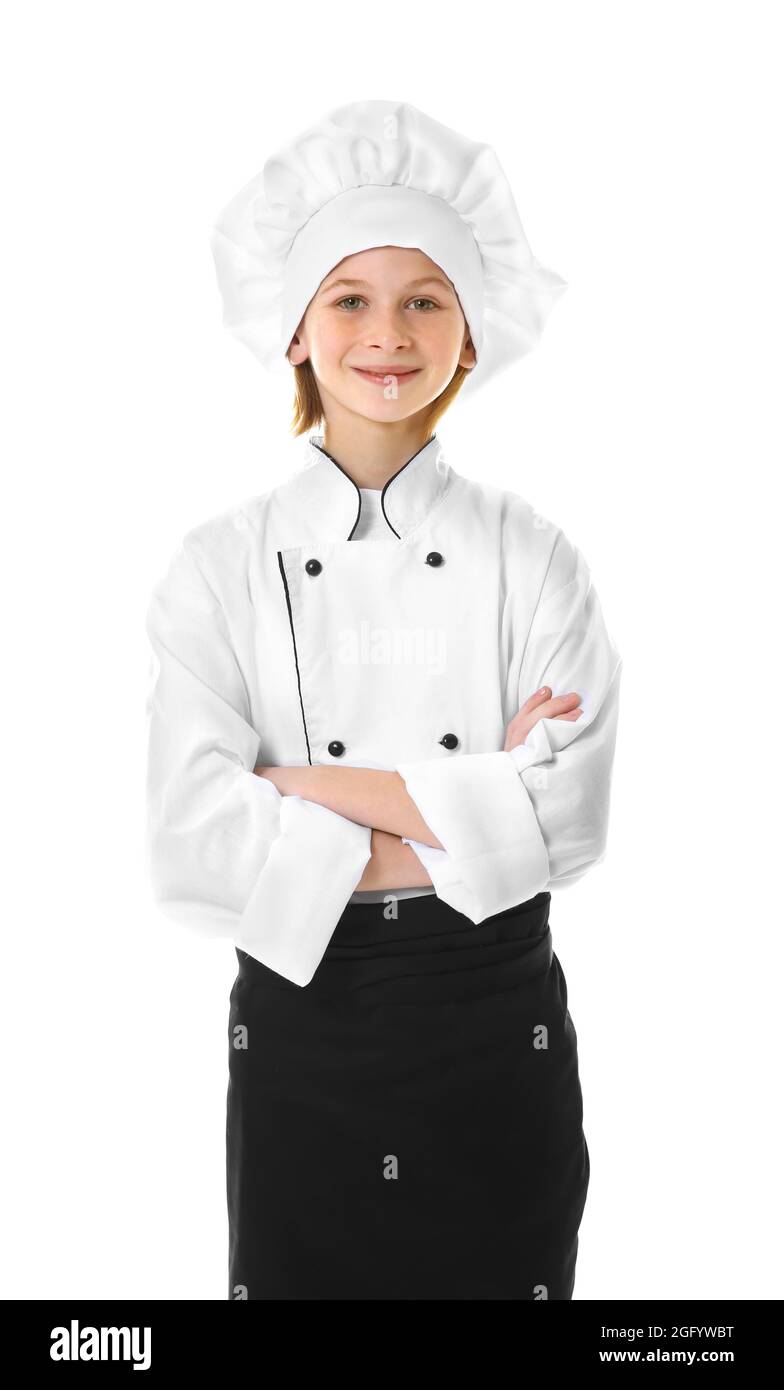 Cute girl in chef uniform on white background Stock Photo Alamy