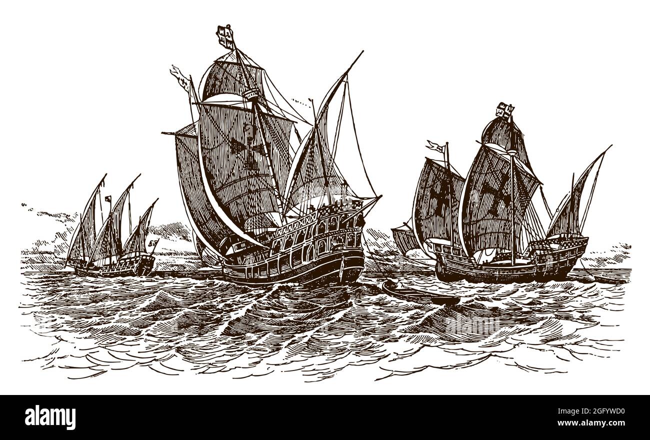 Three historic ships sailing on the sea. Illustration after antique engraving from the 19th century Stock Vector