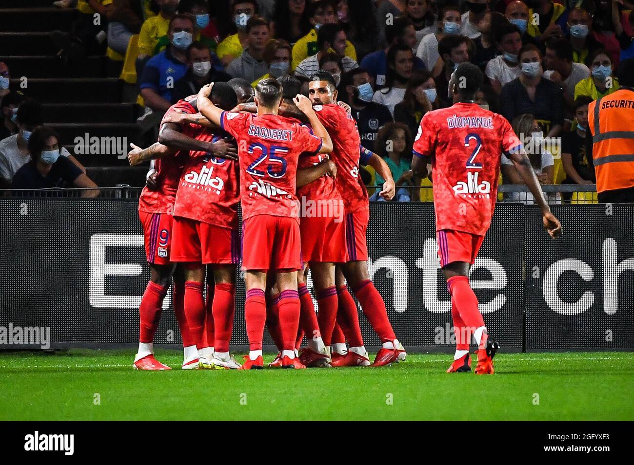 Moussa DEMBELE of Lyon celebrate his goal with teammates during the French championship Ligue 1 football match between FC Nantes and Olympique Lyonnais on August 27, 2021 at La Beaujoire - Louis Fonteneau stadium in Nantes, France - Photo Matthieu Mirville / DPPI Stock Photo