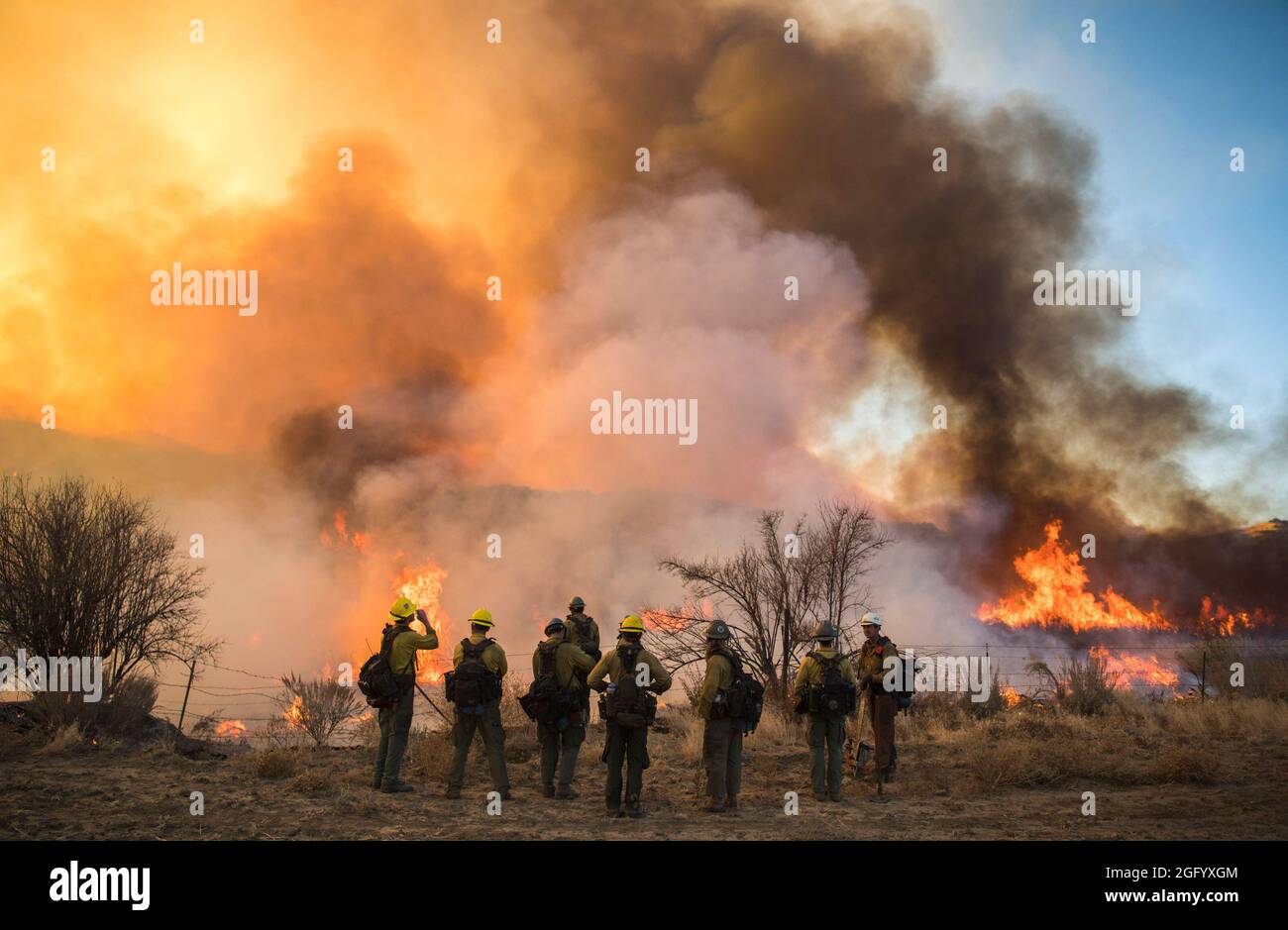 The Thomas Fire burns in the hills above Los Padres National Forest during a firing operation Wednesday December 20th, 2017. The fire was 272,600 acres and 65% contained. Stock Photo