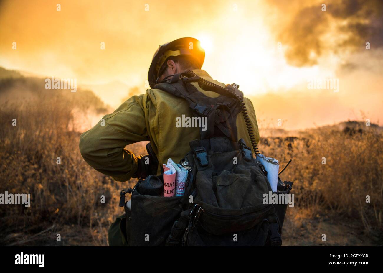 The Thomas Fire burns in the hills above Los Padres National Forest during a firing operation Wednesday December 20th, 2017. The fire was 272,600 acres and 65% contained. Stock Photo
