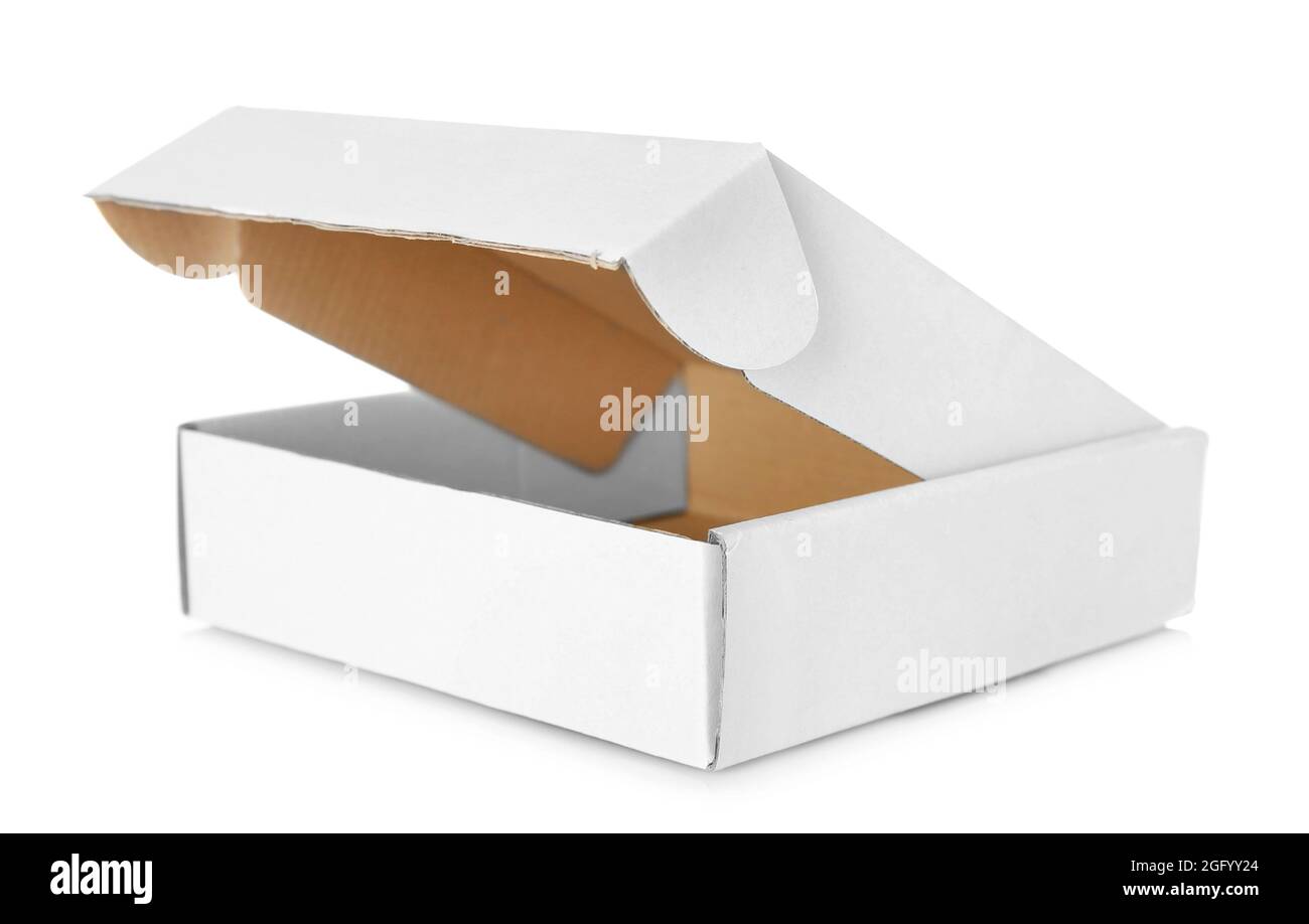 Open cardboard box on white background Stock Photo - Alamy
