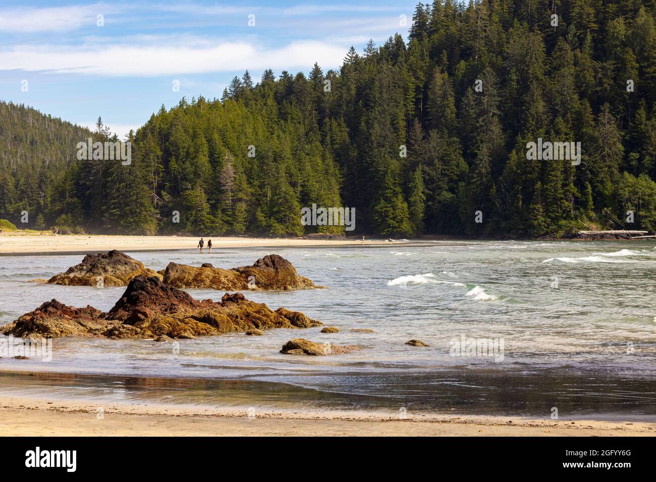 View at San Josef Bay, couple walking in distance, Cape Scott Provincial Park, Vancouver Island