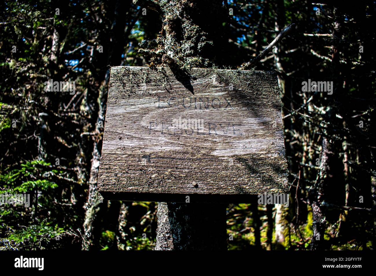 Faded Equinox Preserve Sign on  the Mount Equinox Preserve Trail in Vermont Stock Photo