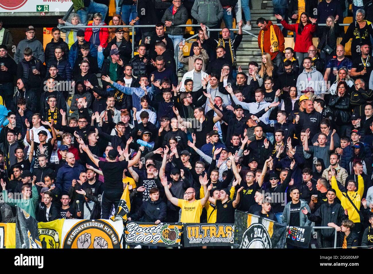 KERKRADE, NETHERLANDS - AUGUST 27: Fans and supporters of Roda JC during  the Dutch Keukenkampioendivisie match between Roda JC and Almere City FC at  Parkstad Limburg Stadion on August 27, 2021 in