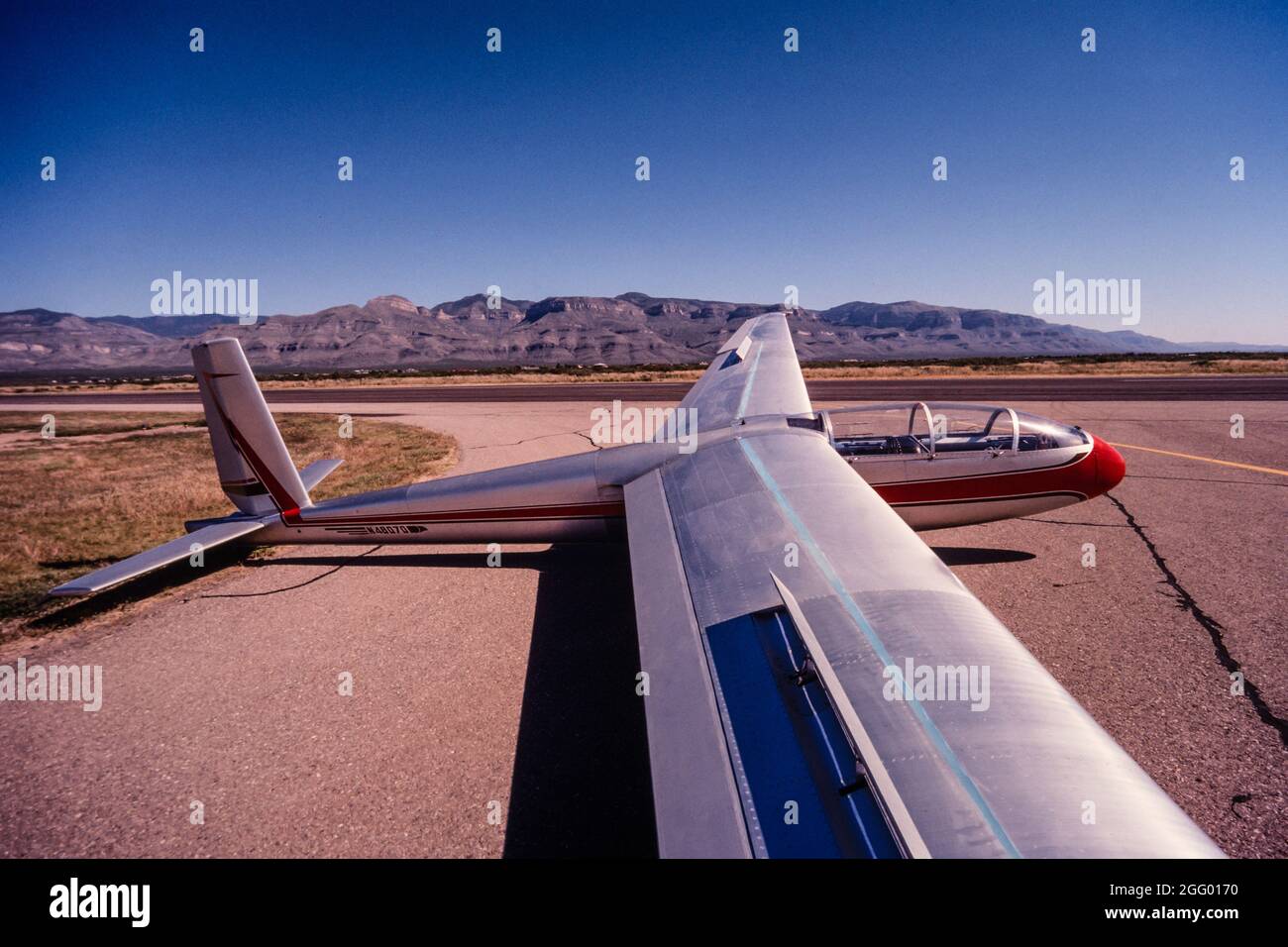 A Let Blanik L-13 two-seat training glider on the apron at an airport in Alomogordo, New Mexico. Stock Photo