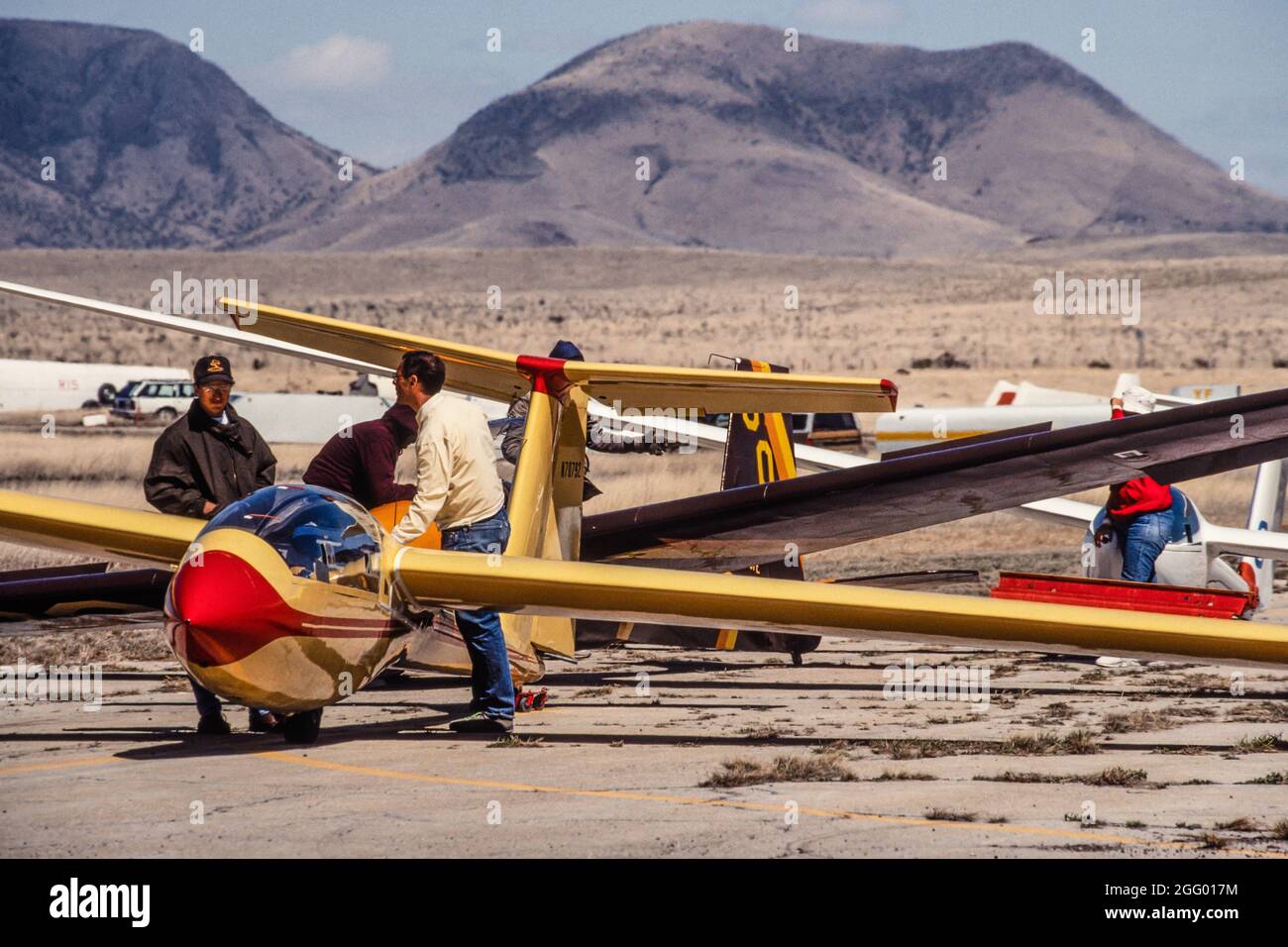 A group of sailplanes preparing to fly at a sailplane or glider meet in