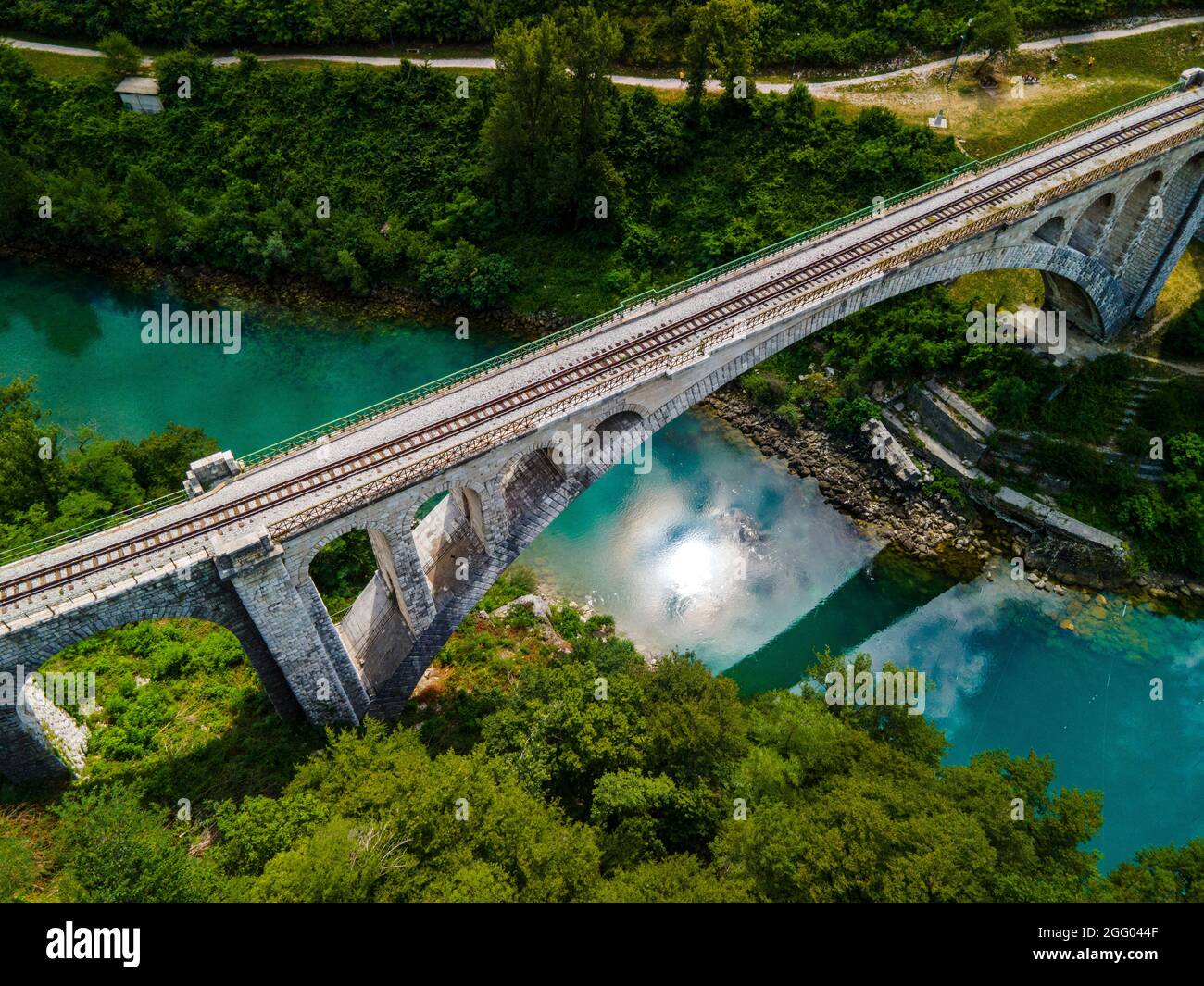 Solkan Bridge in Slovenia. World Largest Rail Arch Stone Bridge in the