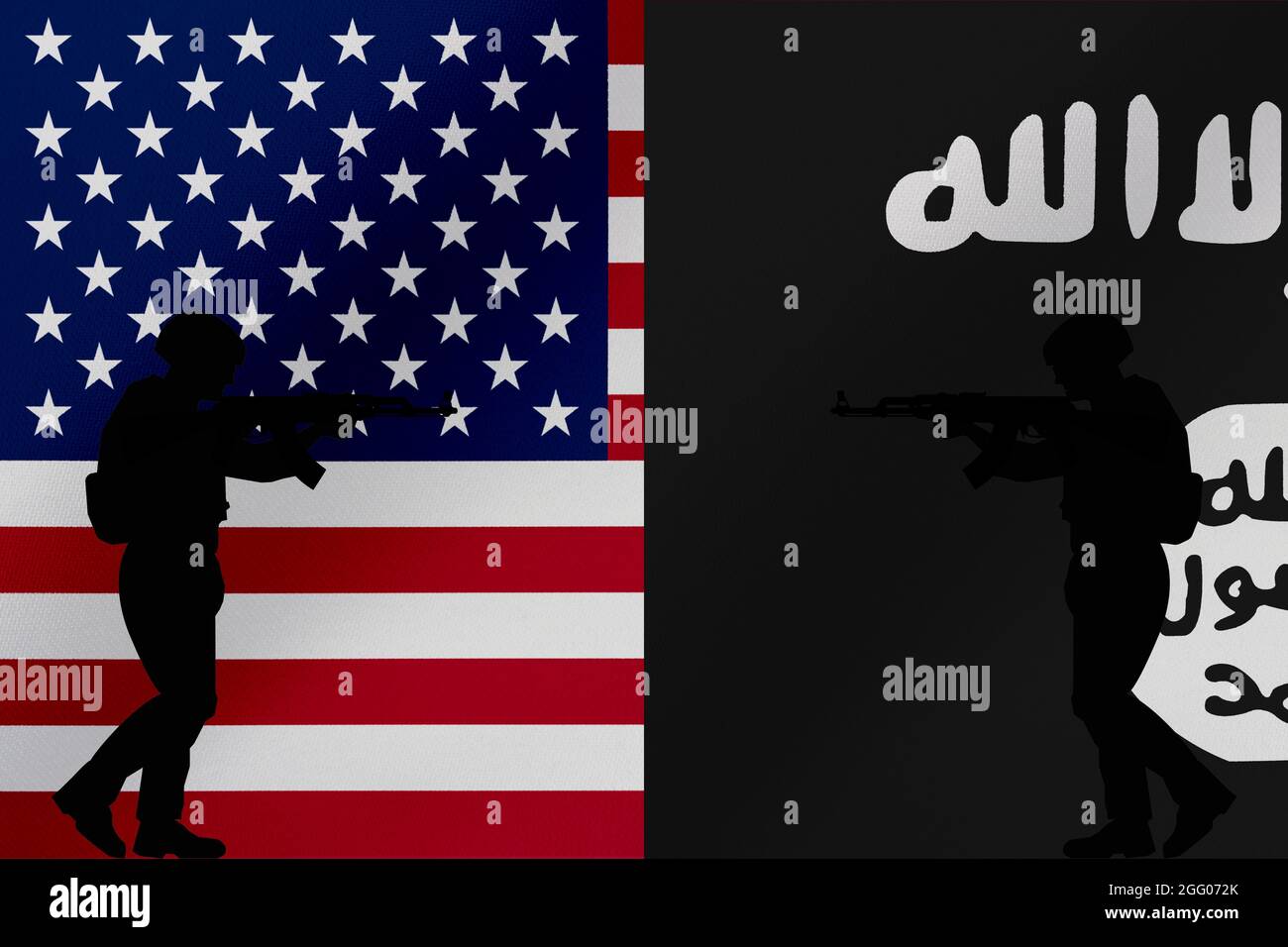 Soldier or police in combat position with rifle with ISIS ISIS-K ...