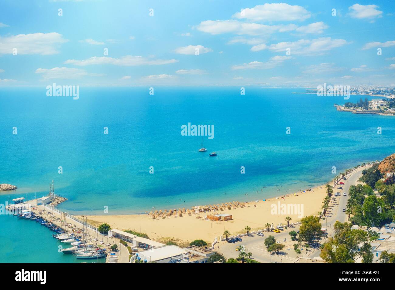 Top View Of The Sea Beach Port With Yachts And Road Along Coast In 