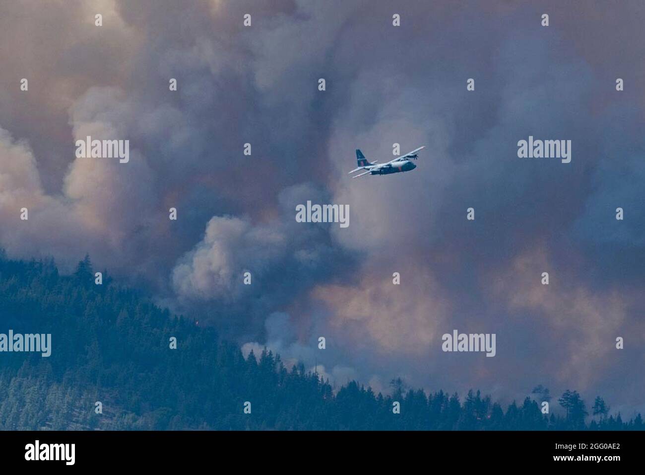 An Air National Guard C-130 aircraft prepares to drop fire retardant on the Beckwourth Complex Fire July 9, 2021 near Frenchman Lake, California. Stock Photo