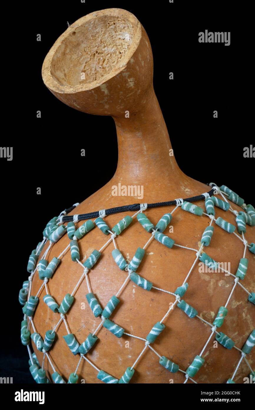 African Musical Percussion Instrument, Gourd with Beads.  Niamey, Niger. Stock Photo
