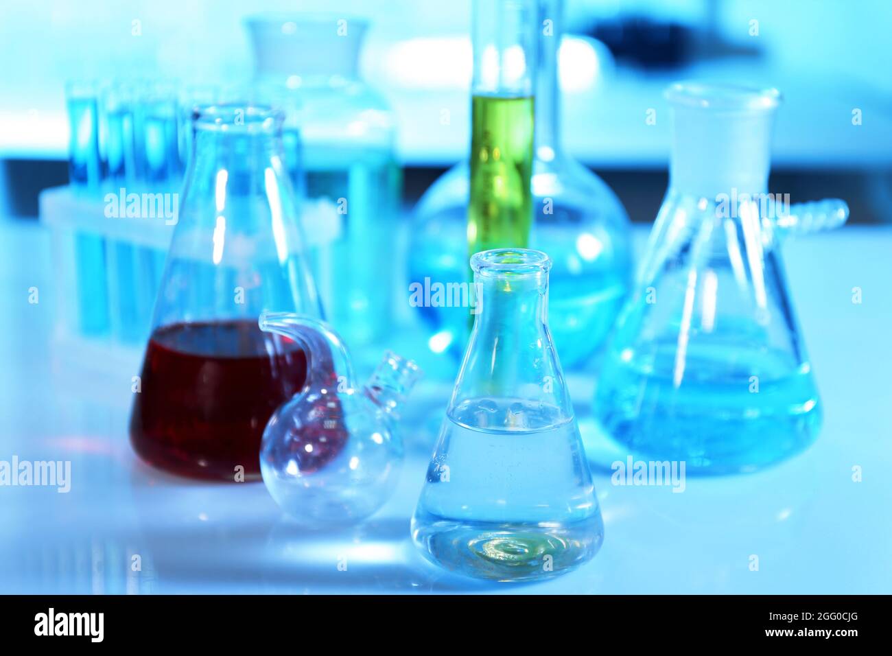 Chemical glassware with samples on table at laboratory Stock Photo Alamy