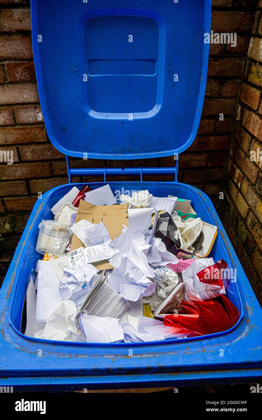 Paper packaging in open recycling bin. Stock Photo