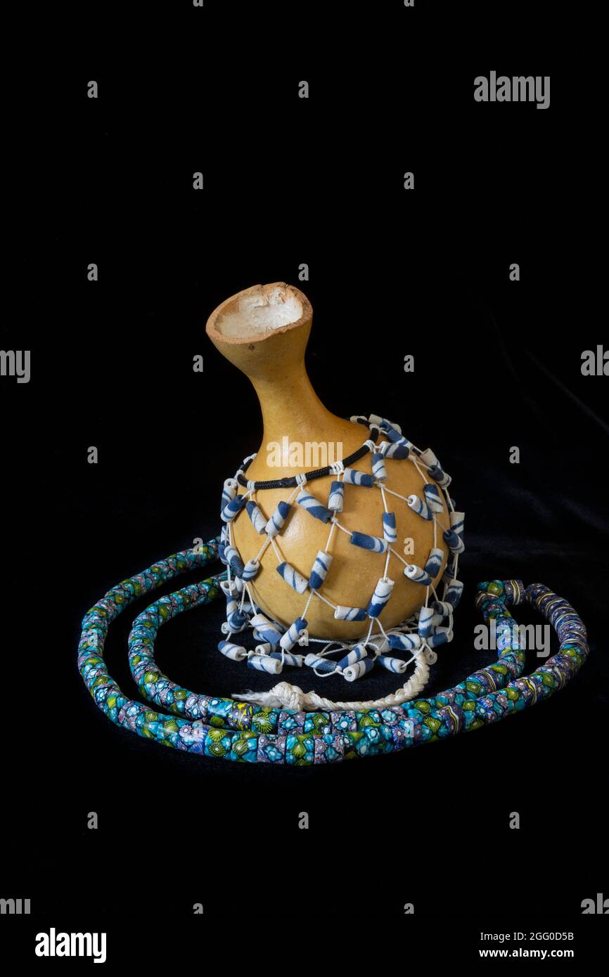 African Musical Percussion Instrument, Gourd with Beads. Niamey, Niger