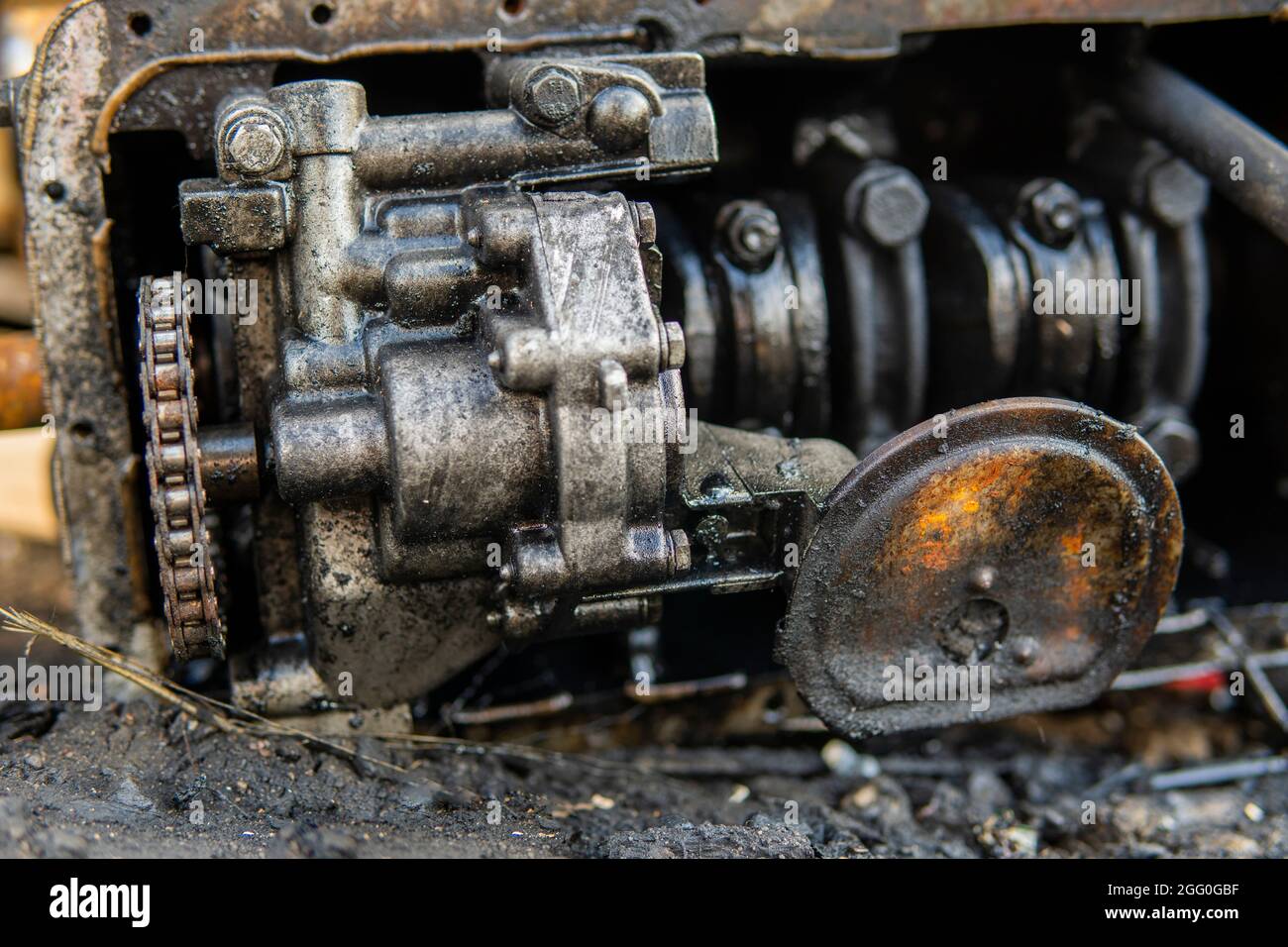 4 cylinder one motor head with disassembled exhaust manifold of old industrial heavy truck V 8 diesel engine with separate covers closeup, vehicle uti Stock Photo