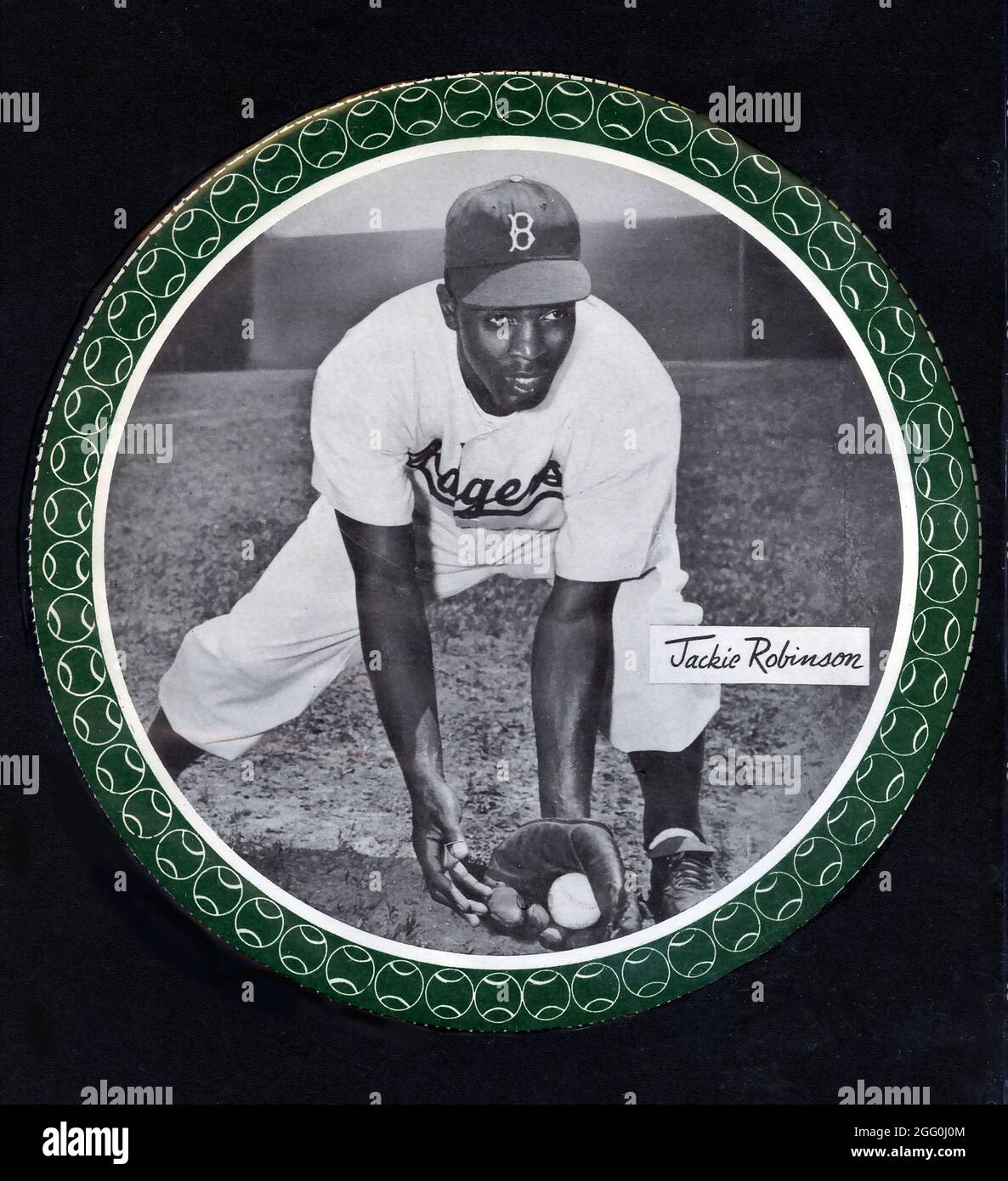 Souvenir disc depicting Jackie Robinson with the Brooklyn Dodgers  circa 1940s. Stock Photo
