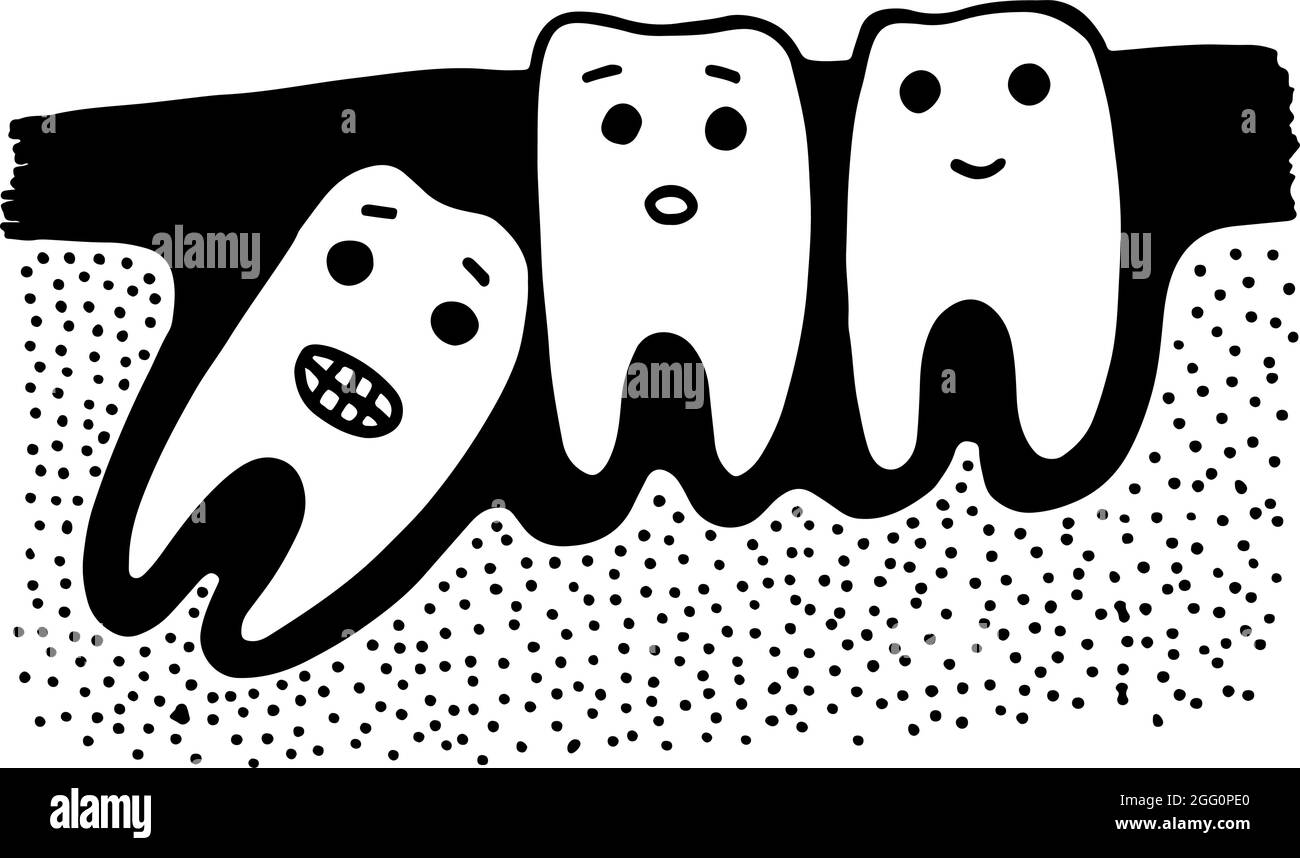 Wisdom tooth - doodle cute sketch. Black and white line art. Stomatology and dentistry illustration. Vector artwork. Stock Vector